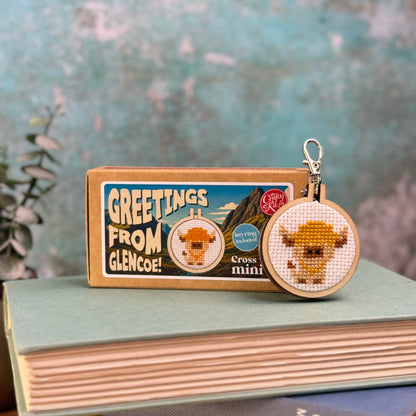 Greetings from Glencoe! (cow) Mini Matchbox Cross Stitch Kit