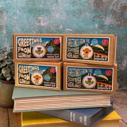 Greetings from The Scottish Highlands! (cow) Mini Matchbox Cross Stitch Kit