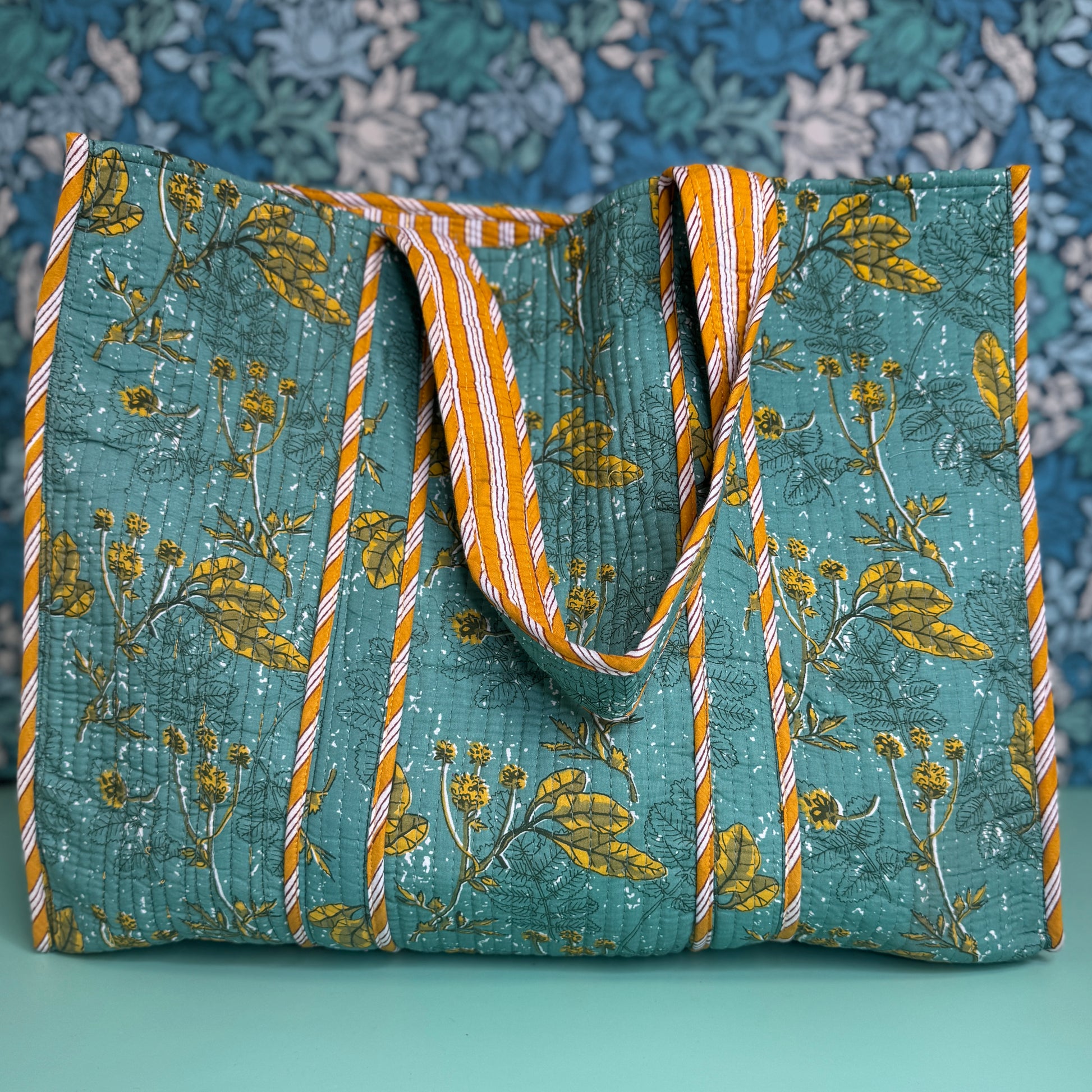 Large Reversible Quilted Tote Bag (Teal with Golden Leaves) – The