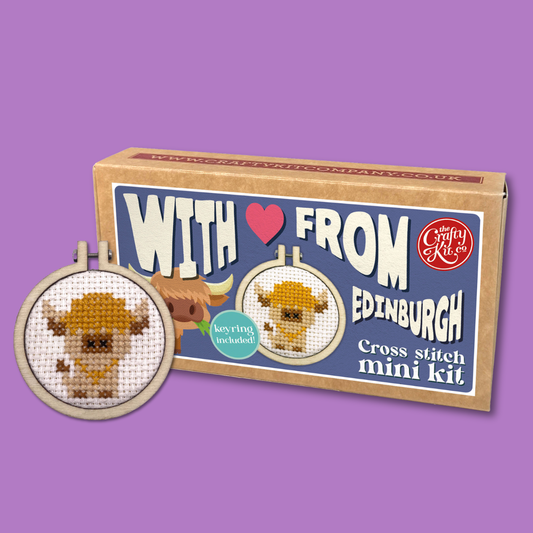 With Love from Edinburgh (Highland Cow) Mini Matchbox Cross Stitch Kit